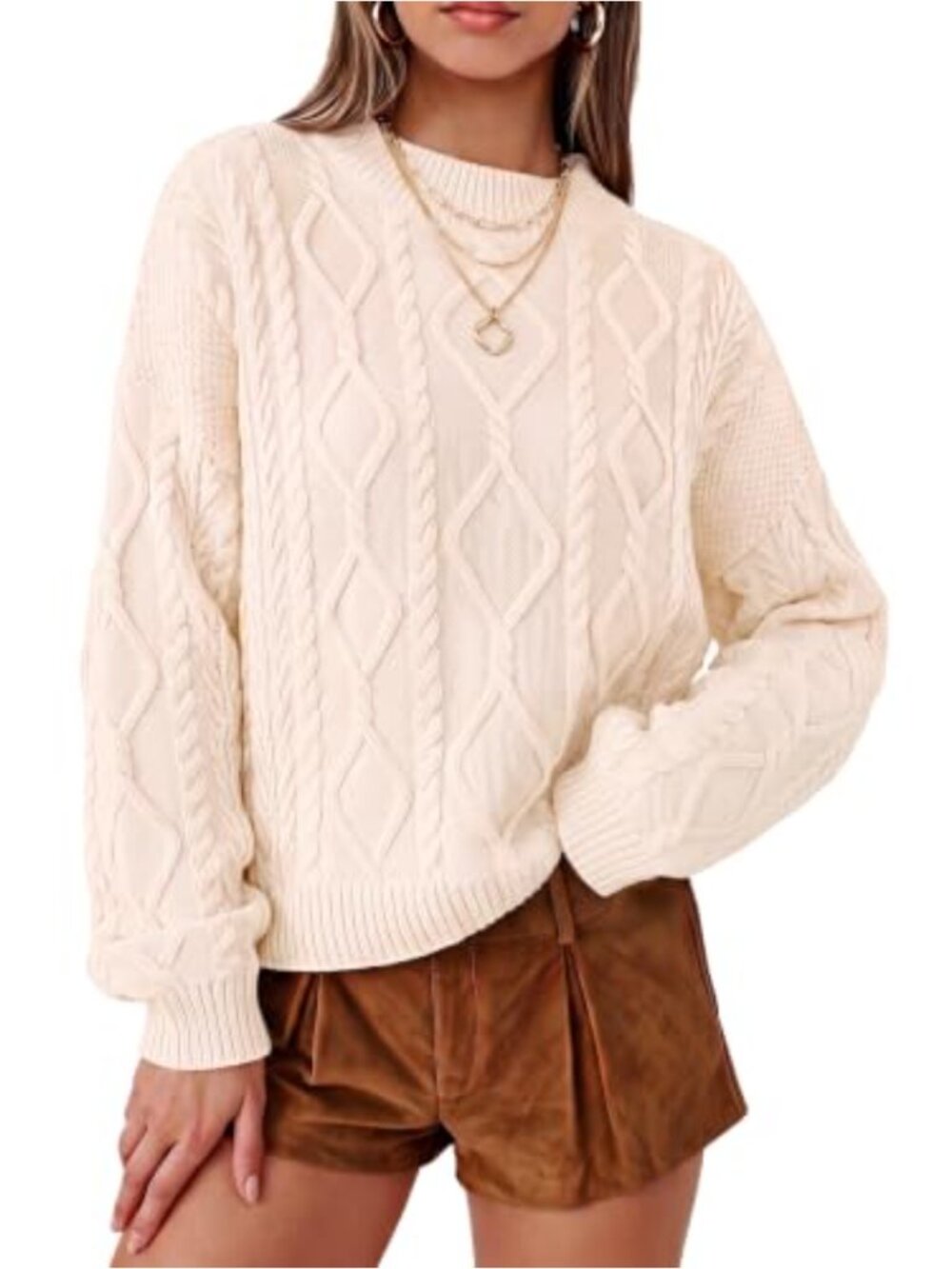Oversized Cropped Cable Knit Sweater 100% Cotton Long Sleeve Crew Neck